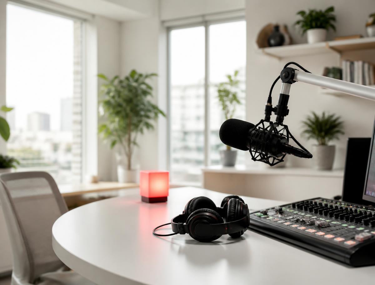 Bright modern radio broadcast studio with microphone and headphones